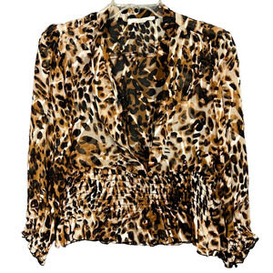 Leopard Blouse Womens Small Cropped Ruched Black Gold Tan Safari Boho Hippie